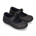Girls OKAA Mary Jane School shoes with laceless and reinforced toe cap in washable leather.