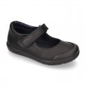 Girls OKAA Mary Jane School shoes with laceless and reinforced toe cap in washable leather.