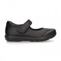 Girls OKAA Mary Jane School shoes with laceless and reinforced toe cap in washable leather.