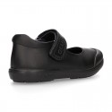 Girls OKAA Mary Jane School shoes with laceless and reinforced toe cap in washable leather.