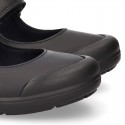 Girls OKAA Mary Jane School shoes with laceless and reinforced toe cap in washable leather.