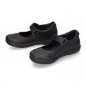 Girls OKAA Mary Jane School shoes with laceless and reinforced toe cap in washable leather.