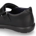 Girls OKAA Mary Jane School shoes with laceless and reinforced toe cap in washable leather.