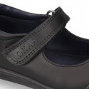 Girls OKAA Mary Jane School shoes with laceless and reinforced toe cap in washable leather.