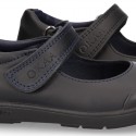 Girls OKAA Mary Jane School shoes with laceless and reinforced toe cap in washable leather.