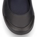 Girls OKAA Mary Jane School shoes with laceless and reinforced toe cap in washable leather.