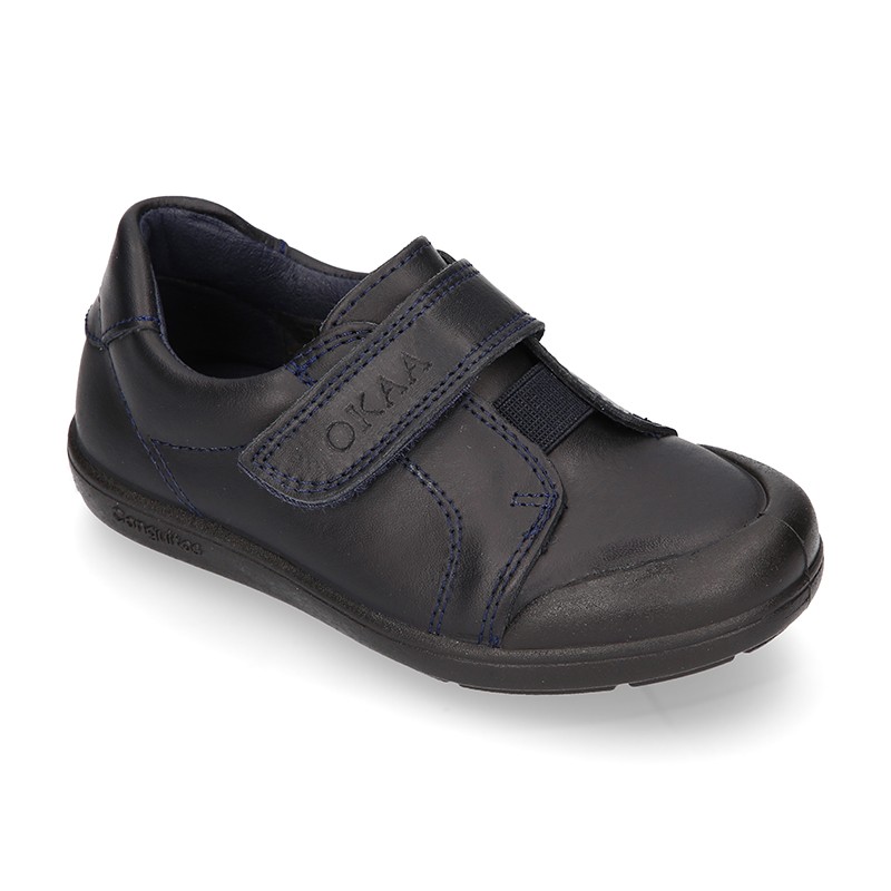 Zapato colegial niño OKAA tipo deportivo cordones, elástico y puntera reforzada en piel lavable. CT012 | OkaaSpain