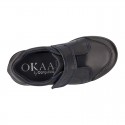 Kids OKAA School shoes closed with laceless, elastic band and reinforced toe cap in washable leather.