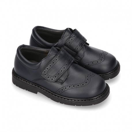 Nappa leather kids School shoes Blucher style laceless with chopped design.