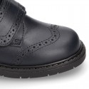 Nappa leather kids School shoes Blucher style laceless with chopped design.