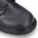 Nappa leather kids School shoes Blucher style laceless with chopped design.