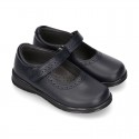 School Classic girl BOXCALF Nappa leather Mary Jane shoes with chopped design and hook and loop strap.