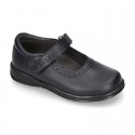 School Classic girl BOXCALF Nappa leather Mary Jane shoes with chopped design and hook and loop strap.