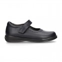 School Classic girl BOXCALF Nappa leather Mary Jane shoes with chopped design and hook and loop strap.