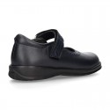 School Classic girl BOXCALF Nappa leather Mary Jane shoes with chopped design and hook and loop strap.