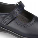 School Classic girl BOXCALF Nappa leather Mary Jane shoes with chopped design and hook and loop strap.