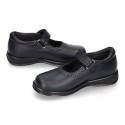 School Classic girl BOXCALF Nappa leather Mary Jane shoes with chopped design and hook and loop strap.