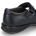 School Classic girl BOXCALF Nappa leather Mary Jane shoes with chopped design and hook and loop strap.