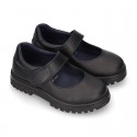 Girls OKAA Mary Jane School shoes with laceless and serrated rubber sole in washable leather.