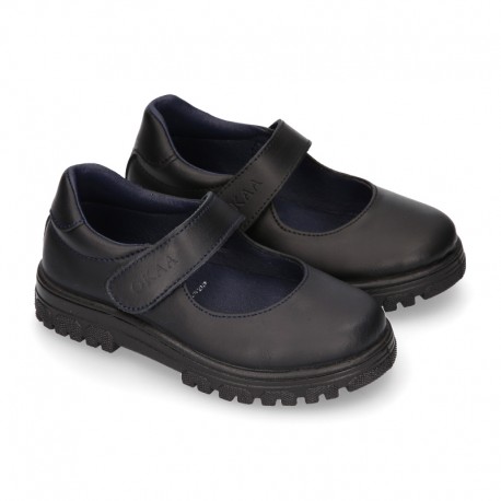 Girls OKAA Mary Jane School shoes with laceless and serrated rubber sole in washable leather.