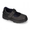 Girls OKAA Mary Jane School shoes with laceless and serrated rubber sole in washable leather.