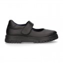 Girls OKAA Mary Jane School shoes with laceless and serrated rubber sole in washable leather.