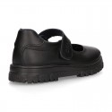 Girls OKAA Mary Jane School shoes with laceless and serrated rubber sole in washable leather.