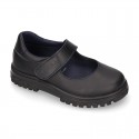 Girls OKAA Mary Jane School shoes with laceless and serrated rubber sole in washable leather.