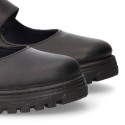 Girls OKAA Mary Jane School shoes with laceless and serrated rubber sole in washable leather.