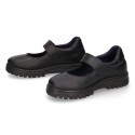 Girls OKAA Mary Jane School shoes with laceless and serrated rubber sole in washable leather.