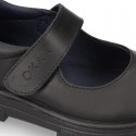 Girls OKAA Mary Jane School shoes with laceless and serrated rubber sole in washable leather.