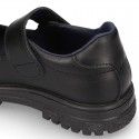 Girls OKAA Mary Jane School shoes with laceless and serrated rubber sole in washable leather.