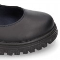 Girls OKAA Mary Jane School shoes with laceless and serrated rubber sole in washable leather.