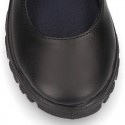 Girls OKAA Mary Jane School shoes with laceless and serrated rubber sole in washable leather.