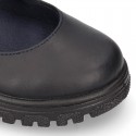 Girls OKAA Mary Jane School shoes with laceless and serrated rubber sole in washable leather.