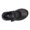 Girls OKAA Mary Jane School shoes with laceless and serrated rubber sole in washable leather.