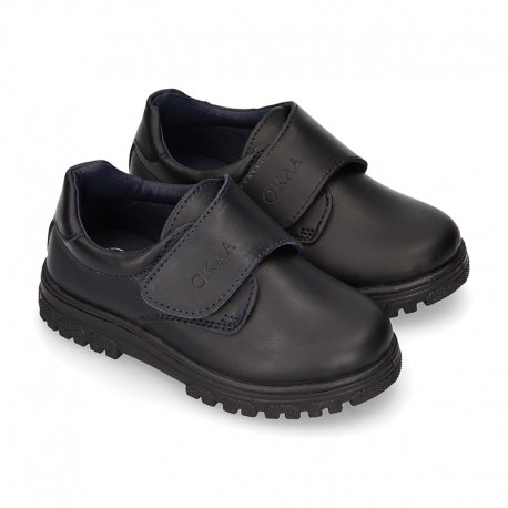 Kids OKAA Lace up School shoes with laceless and serrated rubber sole in washable leather.