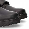 Kids OKAA Lace up School shoes with laceless and serrated rubber sole in washable leather.