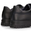 Kids OKAA Lace up School shoes with laceless and serrated rubber sole in washable leather.