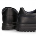 Kids OKAA Lace up School shoes with laceless and serrated rubber sole in washable leather.