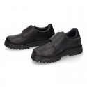 Kids OKAA Lace up School shoes with laceless and serrated rubber sole in washable leather.