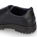 Kids OKAA Lace up School shoes with laceless and serrated rubber sole in washable leather.