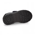 Kids OKAA Lace up School shoes with laceless and serrated rubber sole in washable leather.