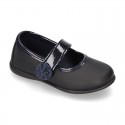 Little Girl School shoes Mary Jane style laceless with FLOWER in washable leather.