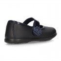 Little Girl School shoes Mary Jane style laceless with FLOWER in washable leather.