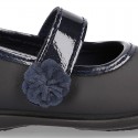 Little Girl School shoes Mary Jane style laceless with FLOWER in washable leather.