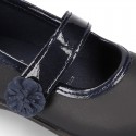 Little Girl School shoes Mary Jane style laceless with FLOWER in washable leather.
