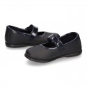 Little Girl School shoes Mary Jane style laceless with FLOWER in washable leather.