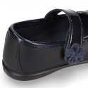 Little Girl School shoes Mary Jane style laceless with FLOWER in washable leather.