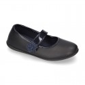 Girl School shoes Mary Jane style laceless with FLOWER in washable leather.